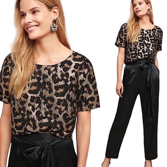HUTCH X ANTHROPOLOGIE Metallic Animal Print Brocade Keyhole Tie Back Top - Picture 1 of 10